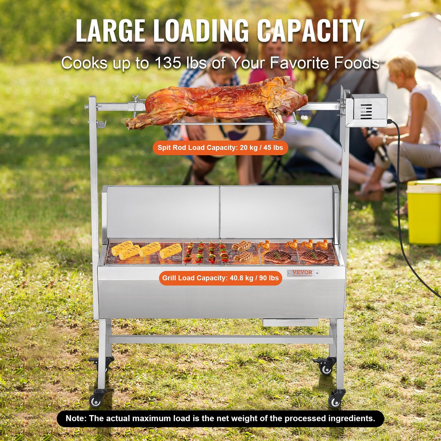 Rotisserie Grill with Windscreen, BBQ Whole Pig Lamb Goat Charcoal Spit Grill, 35 Inch 90 Lbs Capacity, Electric 42W Motor Stainless Steel Roaster with Lockable Wheels, for Camping Outdoor