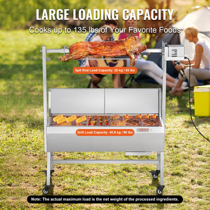 Rotisserie Grill with Windscreen, BBQ Whole Pig Lamb Goat Charcoal Spit Grill, 35 Inch 90 Lbs Capacity, Electric 42W Motor Stainless Steel Roaster with Lockable Wheels, for Camping Outdoor