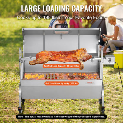 Rotisserie Grill with Hooded Cover, BBQ Whole Pig Lamb Goat Charcoal Spit Grill, 46 Inch 132Lbs Capacity, Electric 52W Motor Stainless Steel Roaster with Viewing Window and Lockable Wheels