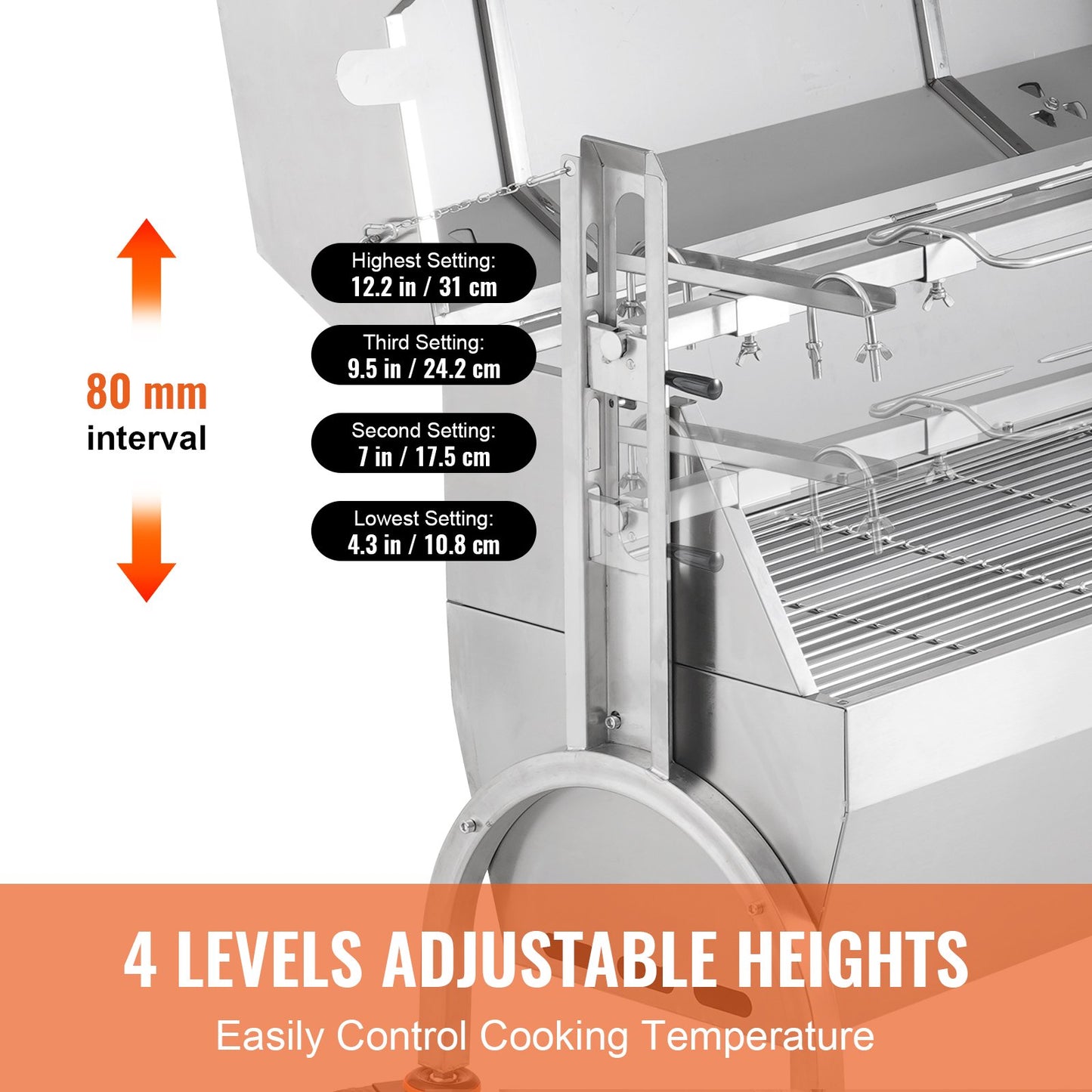 Rotisserie Grill with Hooded Cover, BBQ Whole Pig Lamb Goat Charcoal Spit Grill, 46 Inch 132Lbs Capacity, Electric 52W Motor Stainless Steel Roaster with Viewing Window and Lockable Wheels