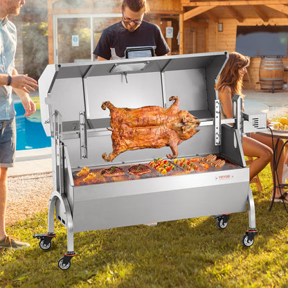 Rotisserie Grill with Hooded Cover, BBQ Whole Pig Lamb Goat Charcoal Spit Grill, 46 Inch 132Lbs Capacity, Electric 52W Motor Stainless Steel Roaster with Viewing Window and Lockable Wheels