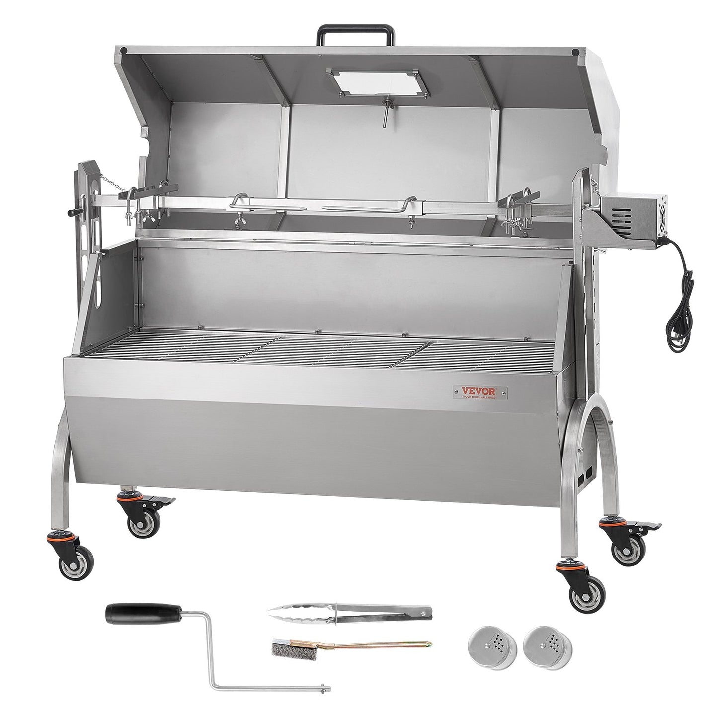 Rotisserie Grill with Hooded Cover, BBQ Whole Pig Lamb Goat Charcoal Spit Grill, 46 Inch 132Lbs Capacity, Electric 52W Motor Stainless Steel Roaster with Viewing Window and Lockable Wheels