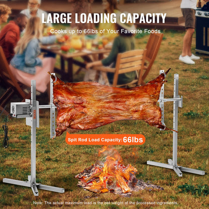Electric BBQ Rotisserie Grill Kit, 56 Inch 132 lbs Capacity, Automatic 52W Motor Height Adjustable Universal Roaster Stand, Stainless Steel Grilling Kit, Spit Rod with Heat Shield for Pig Lamb