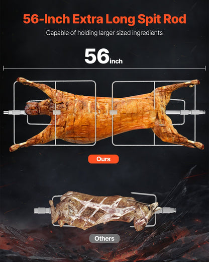 60W Rotisserie Grill with Hooded Cover, 56 Inch Pig Lamb Goat Rotisserie Grill Roaster, 286Lbs Capacity, Stainless Steel Charcoal Spit Roaster with Lockable Wheels, for Camping Outdoor Barbecue