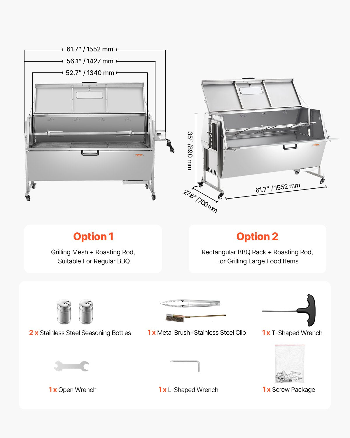 60W Rotisserie Grill with Hooded Cover, 56 Inch Pig Lamb Goat Rotisserie Grill Roaster, 286Lbs Capacity, Stainless Steel Charcoal Spit Roaster with Lockable Wheels, for Camping Outdoor Barbecue