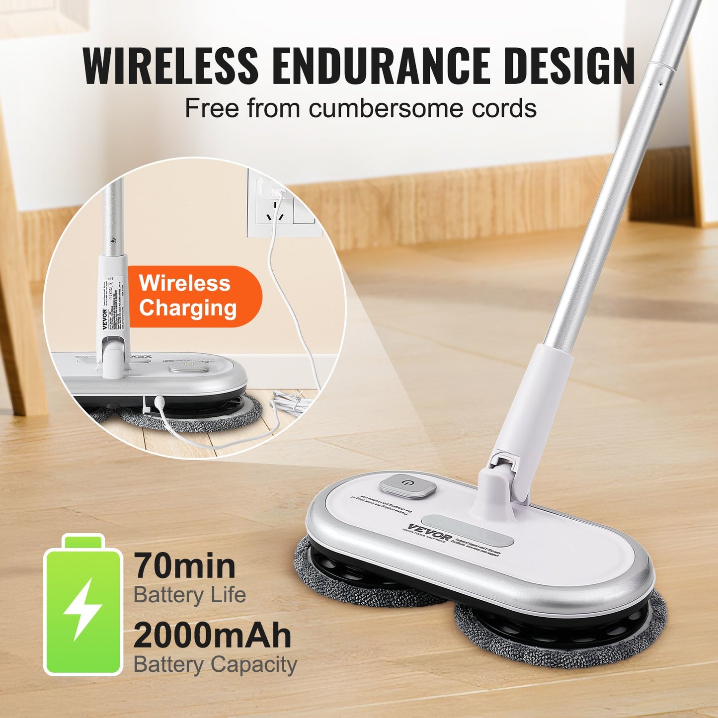 Cordless Electric Mop, Up to 70 mins Powerful Battery, Electric Spin Mop with Dual Spinning Heads, 4 Microfiber Pads & 2 Floor Scrubber Pads, for Hardwood/Bathroom/Tile Floor Cleaning