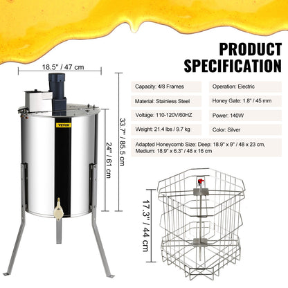 Electric Honey Extractor, 4/8 Frames Honey Spinner Extractor, Stainless Steel Beekeeping Extraction, Apiary Centrifuge Equipment with Height Adjustable Stand, Honeycomb Drum Spinner with Lid