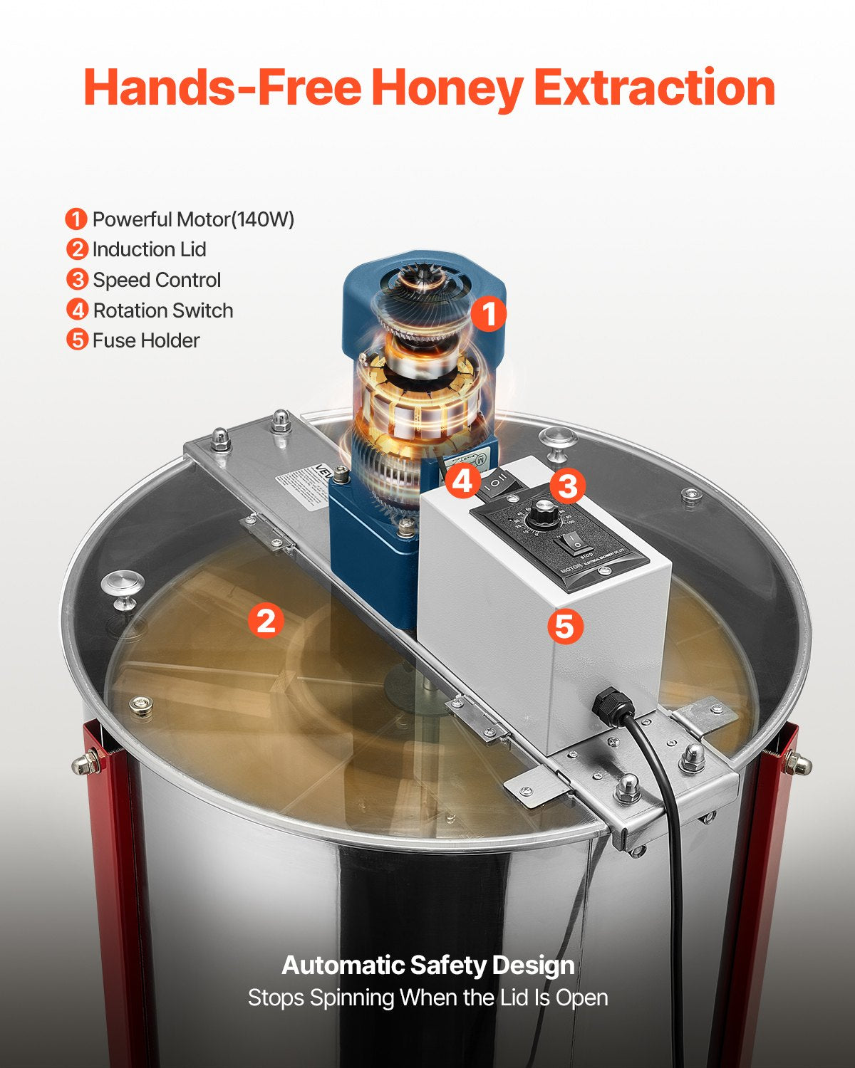 Electric Honey Extractor, 6 Frame Honey Spinner with Transparent Lid, 140W Stainless Steel Honeycomb Drum Spinner, Height Adjustable, Honeycomb Extraction Equipment for Beekeeping