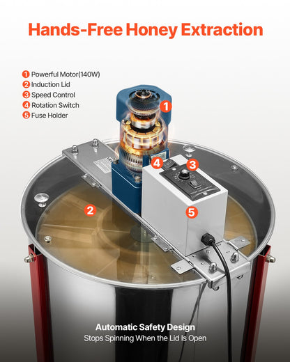 Electric Honey Extractor, 6 Frame Honey Spinner with Transparent Lid, 140W Stainless Steel Honeycomb Drum Spinner, Height Adjustable, Honeycomb Extraction Equipment for Beekeeping