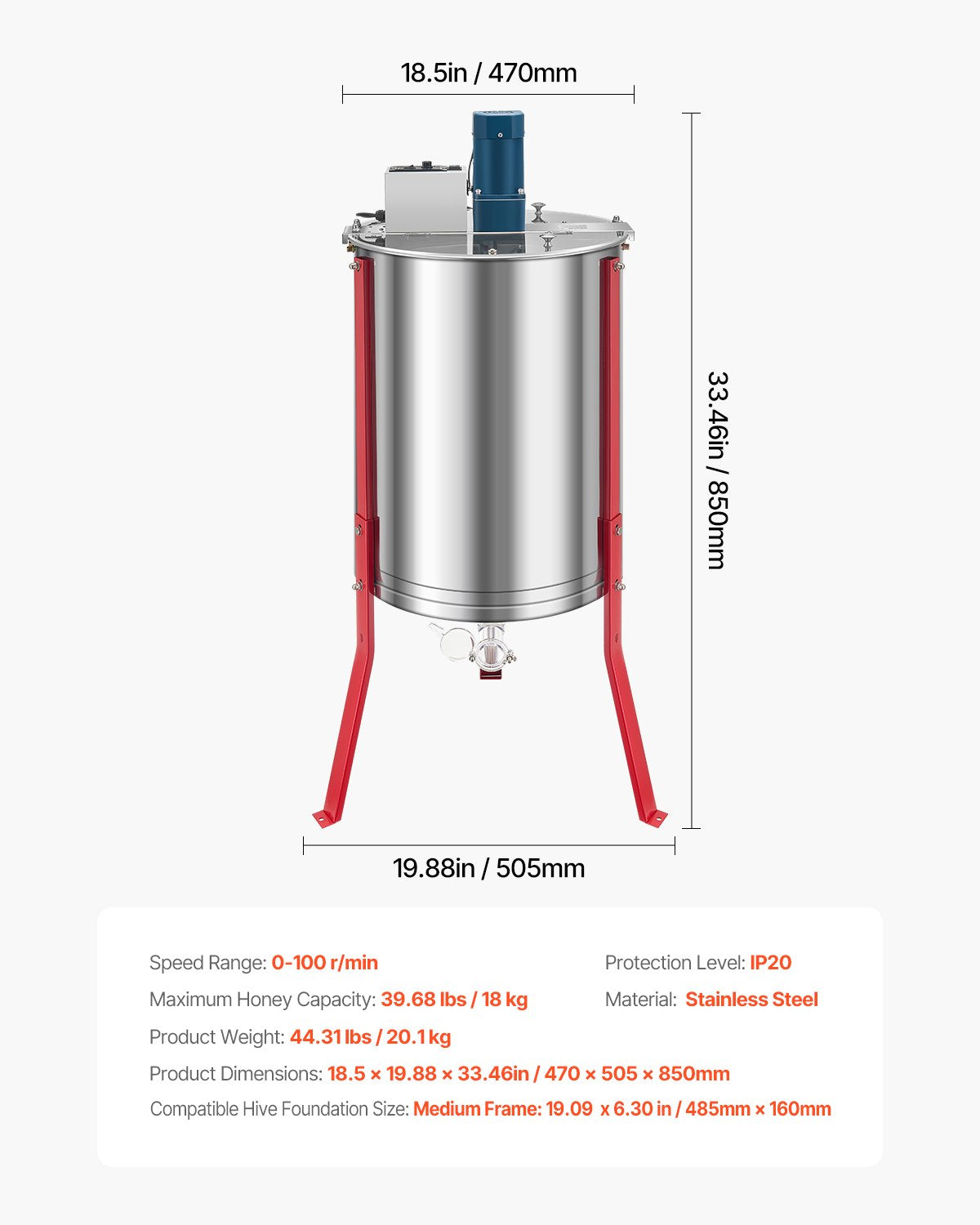 Electric Honey Extractor, 6 Frame Honey Spinner with Transparent Lid, 140W Stainless Steel Honeycomb Drum Spinner, Height Adjustable, Honeycomb Extraction Equipment for Beekeeping