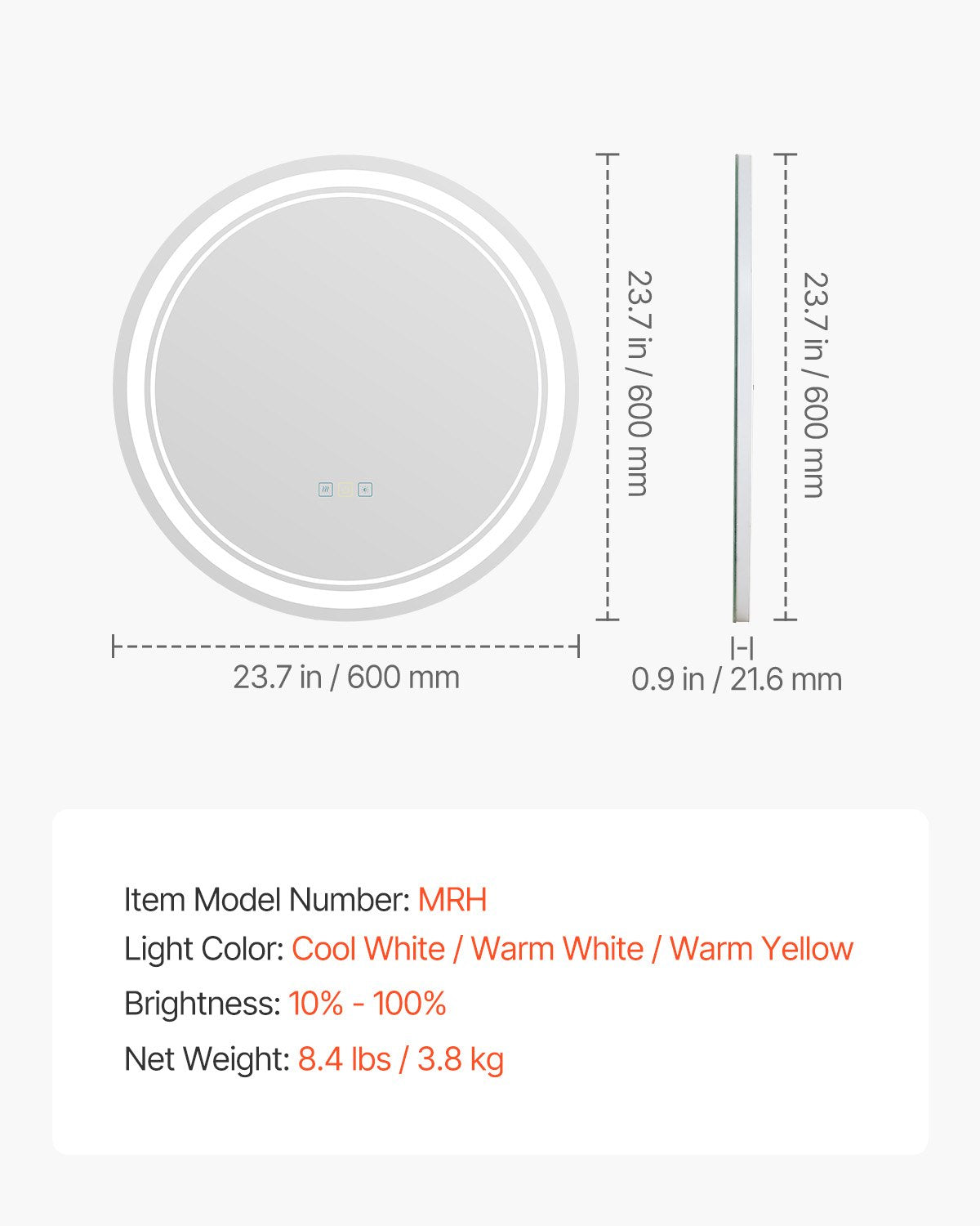 LED-Badezimmerspiegel, 3 Farben, beschlagfrei, rund, zur Wandmontage, 60 cm