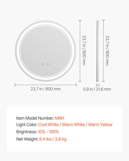 LED-Badezimmerspiegel, 3 Farben, beschlagfrei, rund, zur Wandmontage, 60 cm