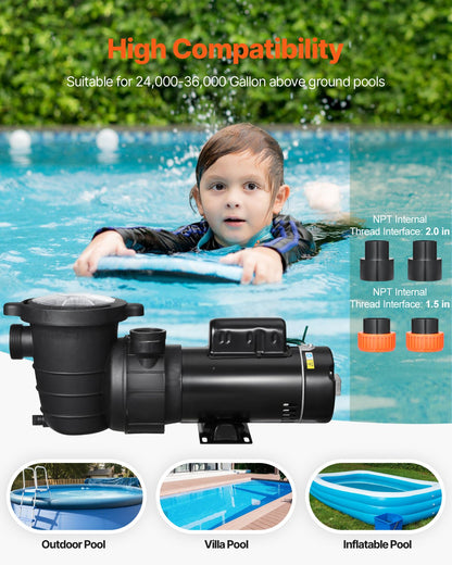 Above Ground Pool Pump, 2HP/0.44HP, Dual Speed Swimming Pool Pump, High 118 GPM 56 ft Lift, Low 57 GPM 14 ft Lift, 110V 3450 RPM with Strainer Basket, 122°F Max Water Temp, for Hot Tubs Spas
