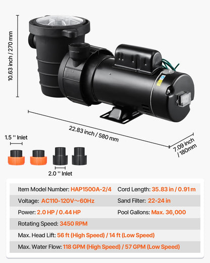 Above Ground Pool Pump, 2HP/0.44HP, Dual Speed Swimming Pool Pump, High 118 GPM 56 ft Lift, Low 57 GPM 14 ft Lift, 110V 3450 RPM with Strainer Basket, 122°F Max Water Temp, for Hot Tubs Spas
