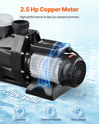 Above Ground Pool Pump, 2.5 HP, 148 GPM Max Flow Single Speed Swimming Pool Pump, 220V 3450 RPM 62 ft Max Head Lift with PP Shell Strainer Basket, 122°F Max Water Temperature, for Hot Tubs Spas