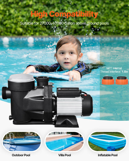 Above Ground Pool Pump, 2.5 HP, 148 GPM Max Flow Single Speed Swimming Pool Pump, 220V 3450 RPM 62 ft Max Head Lift with PP Shell Strainer Basket, 122°F Max Water Temperature, for Hot Tubs Spas