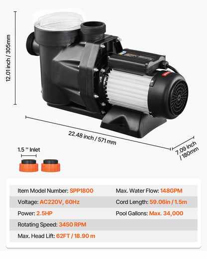Above Ground Pool Pump, 2.5 HP, 148 GPM Max Flow Single Speed Swimming Pool Pump, 220V 3450 RPM 62 ft Max Head Lift with PP Shell Strainer Basket, 122°F Max Water Temperature, for Hot Tubs Spas