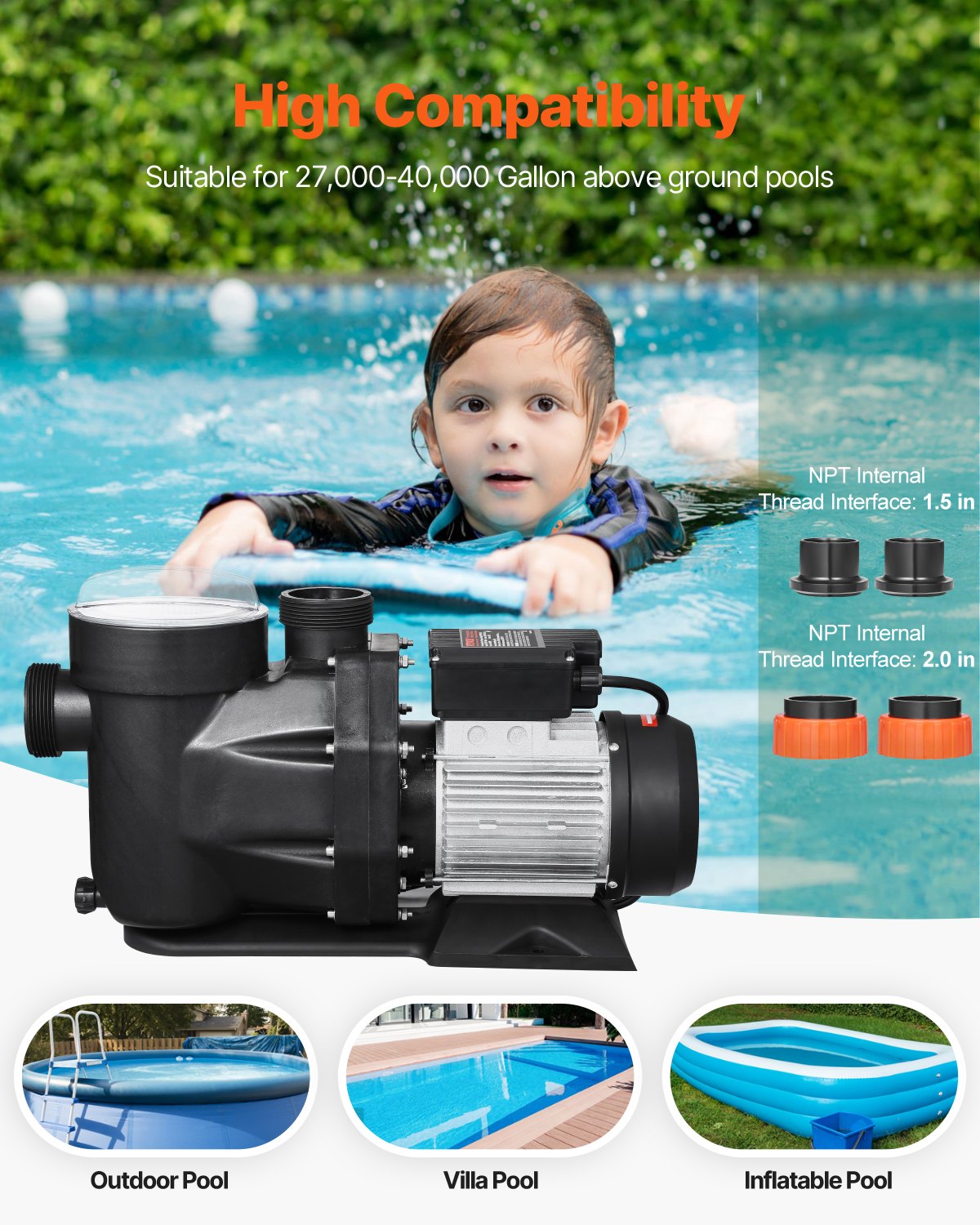Above Ground Pool Pump, 3 HP, 149 GPM Max Flow Single Speed Swimming Pool Pump, 220V 3450 RPM 42 ft Max Head Lift with PP Shell Strainer Basket, 122°F Max Water Temp, for Hot Tubs Spas, No Plug