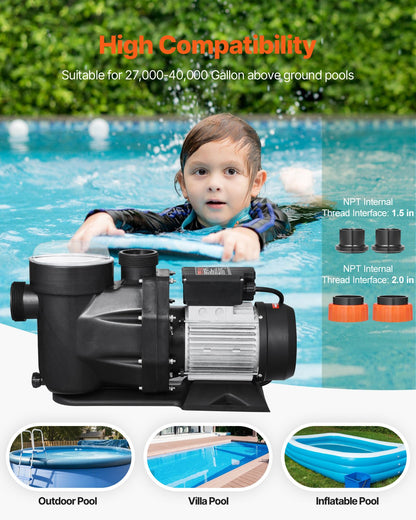 Above Ground Pool Pump, 3 HP, 149 GPM Max Flow Single Speed Swimming Pool Pump, 220V 3450 RPM 42 ft Max Head Lift with PP Shell Strainer Basket, 122°F Max Water Temp, for Hot Tubs Spas, No Plug
