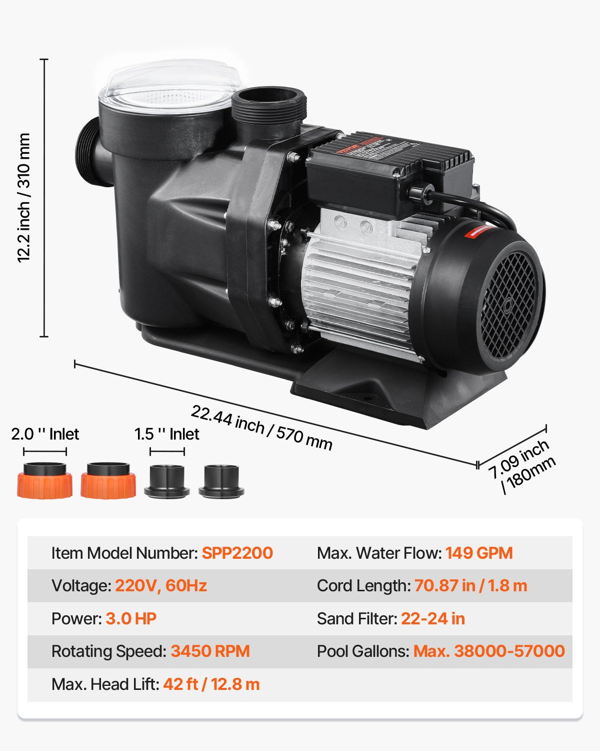Above Ground Pool Pump, 3 HP, 149 GPM Max Flow Single Speed Swimming Pool Pump, 220V 3450 RPM 42 ft Max Head Lift with PP Shell Strainer Basket, 122°F Max Water Temp, for Hot Tubs Spas, No Plug