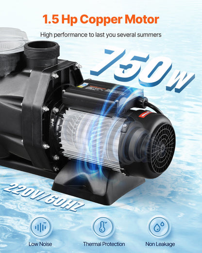 Above Ground Pool Pump, 1.5HP, 122 GPM Max Flow Single Speed Swimming Pool Pump, 220V 3450 RPM 55 ft Max Head Lift with PP Shell Strainer Basket, 122°F Max Water Temp, for Hot Tubs Spas, No Plug