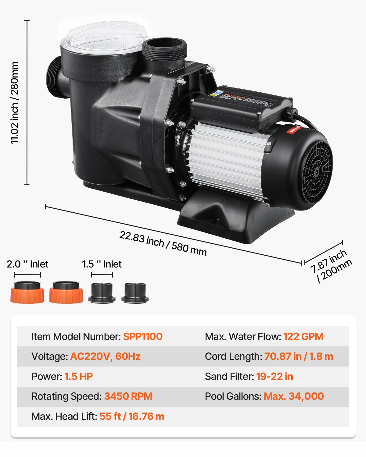 Above Ground Pool Pump, 1.5HP, 122 GPM Max Flow Single Speed Swimming Pool Pump, 220V 3450 RPM 55 ft Max Head Lift with PP Shell Strainer Basket, 122°F Max Water Temp, for Hot Tubs Spas, No Plug