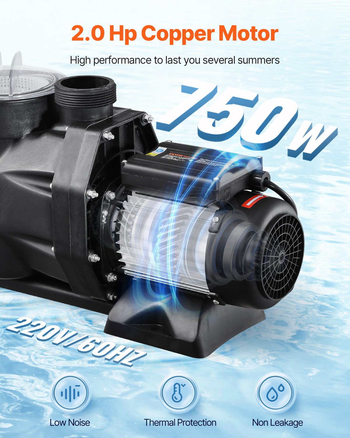 Above Ground Pool Pump, 2 HP, 135 GPM Max Flow Single Speed Swimming Pool Pump, 220V 3450 RPM 61 ft Max Head Lift with PP Shell Strainer Basket, 122°F Max Water Temp, for Hot Tubs Spas, No Plug