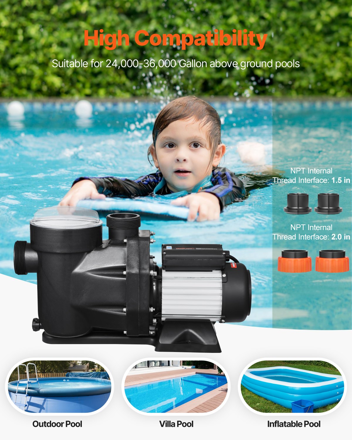 Above Ground Pool Pump, 2 HP, 135 GPM Max Flow Single Speed Swimming Pool Pump, 220V 3450 RPM 61 ft Max Head Lift with PP Shell Strainer Basket, 122°F Max Water Temp, for Hot Tubs Spas, No Plug