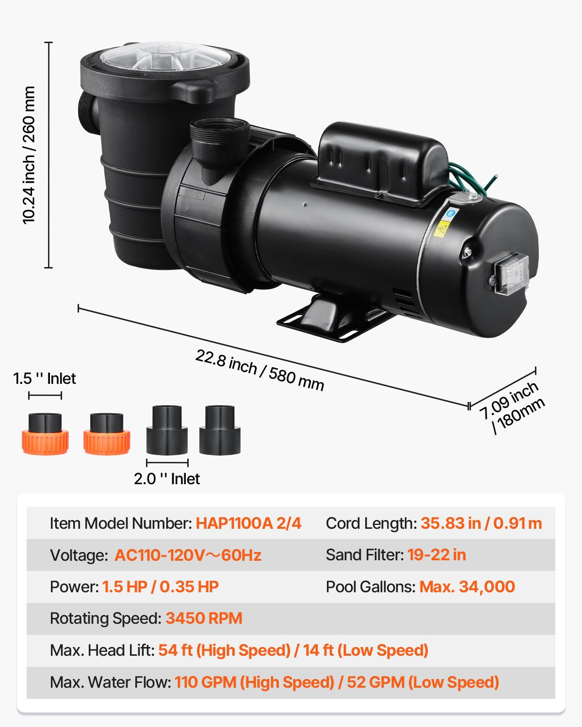 Above Ground Pool Pump, 1.5HP/0.35HP, Dual Speed Swimming Pool Pump, High 110 GPM 54 ft Lift, Low 52 GPM 14 ft Lift, 110V 3450 RPM with Strainer Basket, 122°F Max Water Temp, for Hot Tubs Spas