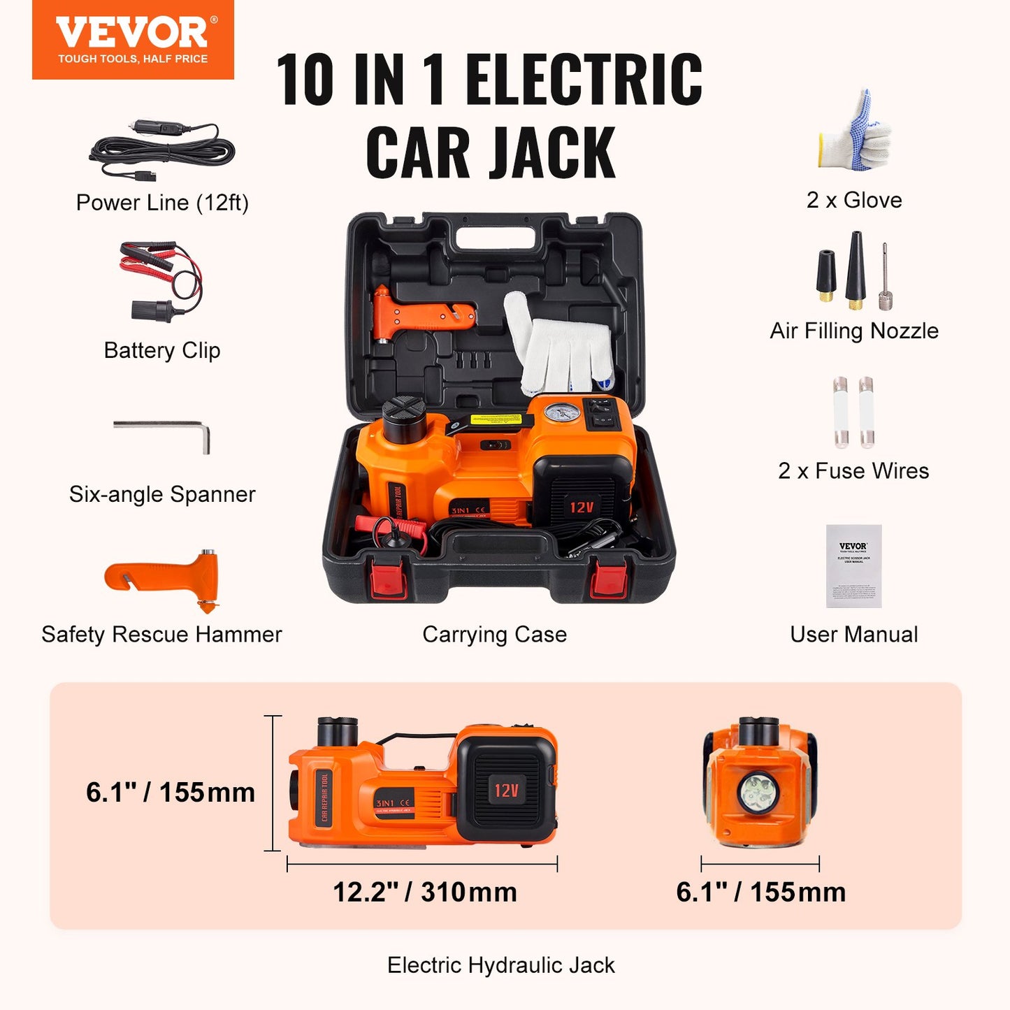 Electric Car Jack, 5 Ton/11023 LBS Hydraulic Car Jack, Portable Car Jack Lifting with Built-in Inflatable Pump and LED Light, Car Jack for SUV MPV Sedan Truck Change Tires Garage Repair