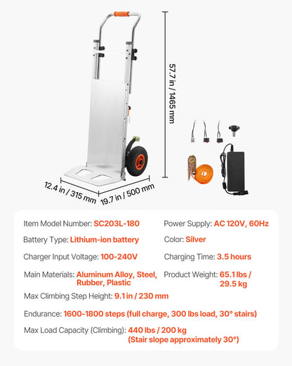 Electric Stair Climbing Dolly, 440lbs Electric Stair Climbing Hand Trucks with 157.5in Rope & Extendable Handle, Heavy Duty Stair Climber for Warehouse Logistics, Moving Furniture(Silver)