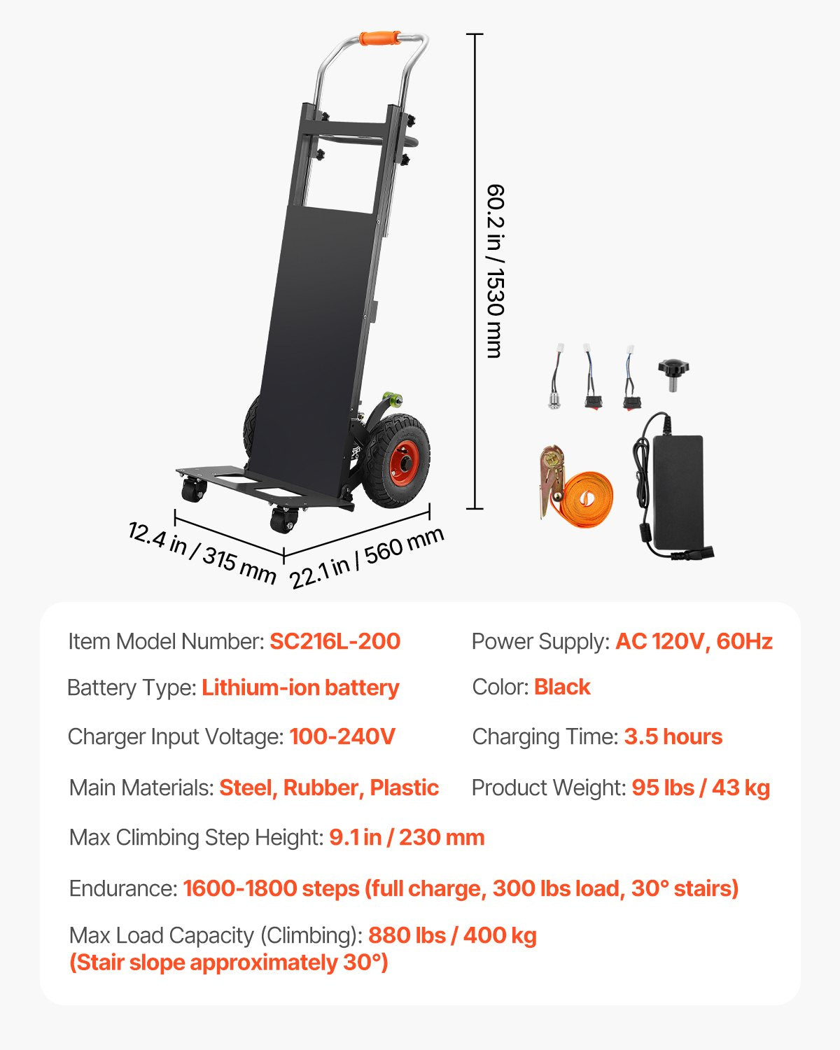 Electric Stair Climbing Dolly, 880lbs Electric Stair Climbing Hand Trucks with 157.5in Rope & Extendable Handle, Heavy Duty Stair Climber for Warehouse Logistics, Moving Furniture(Black)