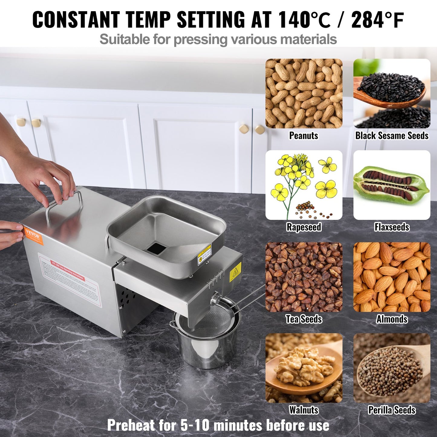 Electric Oil Press Machine, 700W Stainless Steel Oil Extractor Machine, 140℃ / 284℉ Constant Temperature, Hot Press Oil Expeller for Pressing Peanuts, Sesame Seeds, Rapeseed, Tea Seeds