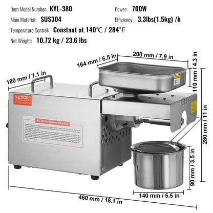 Electric Oil Press Machine, 700W Stainless Steel Oil Extractor Machine, 140℃ / 284℉ Constant Temperature, Hot Press Oil Expeller for Pressing Peanuts, Sesame Seeds, Rapeseed, Tea Seeds