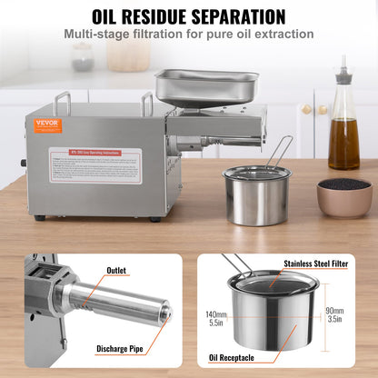 Elektrisk oljepressmaskin, 700 W oljeextraktionsmaskin i rostfritt stål, 140 ℃ / 284 ℉ konstant temperatur, varmpressoljeutdrivare för pressning av jordnötter, sesamfrön, raps, tefrön