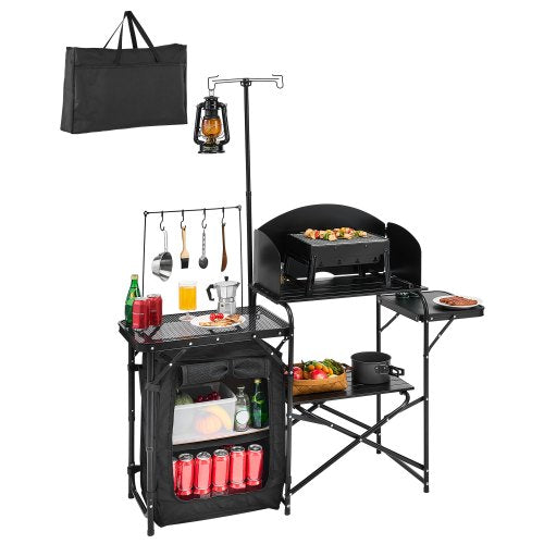 Camping Kitchen Table, Outdoor Camp Cooking Table, Aluminum Portable Cook Station with Storage Cupboard, Carrying Bag, Detachable Windscreen, Quick Set-up for BBQ Party Picnic RV Travel, Black