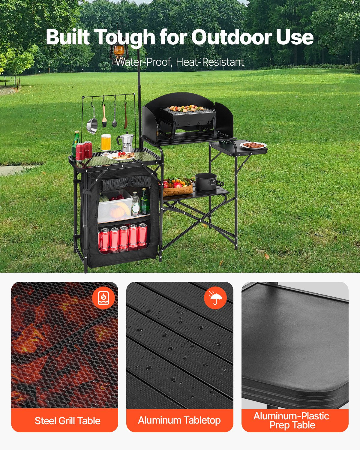 Camping Kitchen Table, Outdoor Camp Cooking Table, Aluminum Portable Cook Station with Storage Cupboard, Carrying Bag, Detachable Windscreen, Quick Set-up for BBQ Party Picnic RV Travel, Black