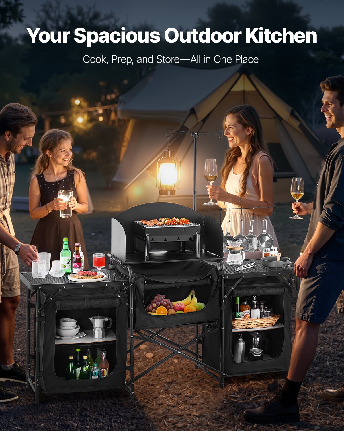 Camping Kitchen Table Portable Outdoor Cook Station Windshield Cabinet