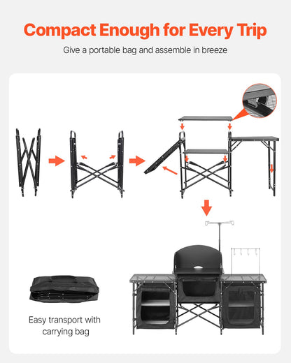 Camping Kitchen Table Portable Outdoor Cook Station Windshield Cabinet