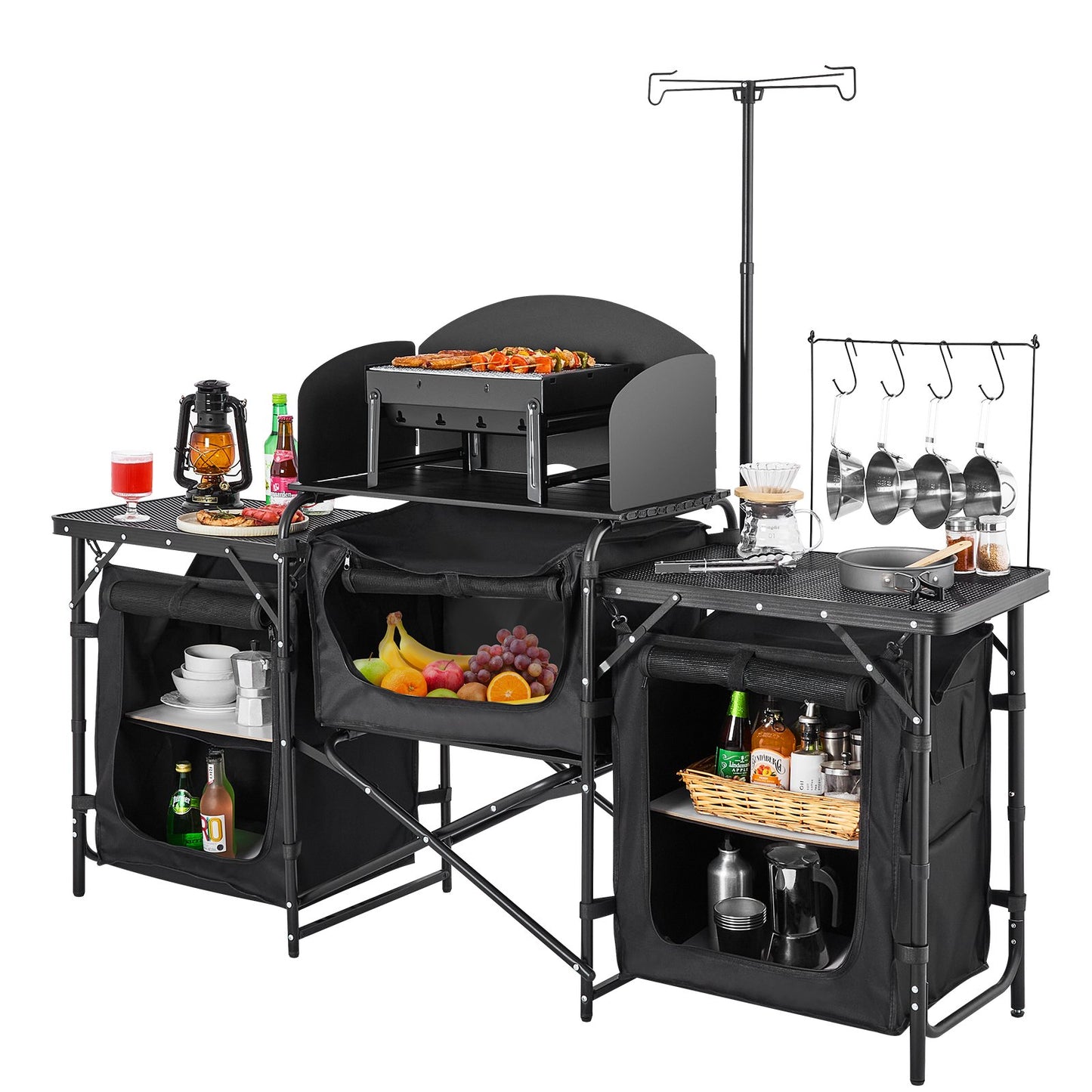 Camping Kitchen Table Portable Outdoor Cook Station Windshield Cabinet