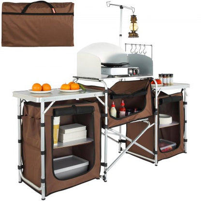 Camping Kitchen Table, Folding Outdoor Cooking Table with Storage Carrying Bag, Aluminum Cook Station 3 Cupboard & Detachable Windscreen, Quick Set-up for Picnics, BBQ, RV Traveling, Brown