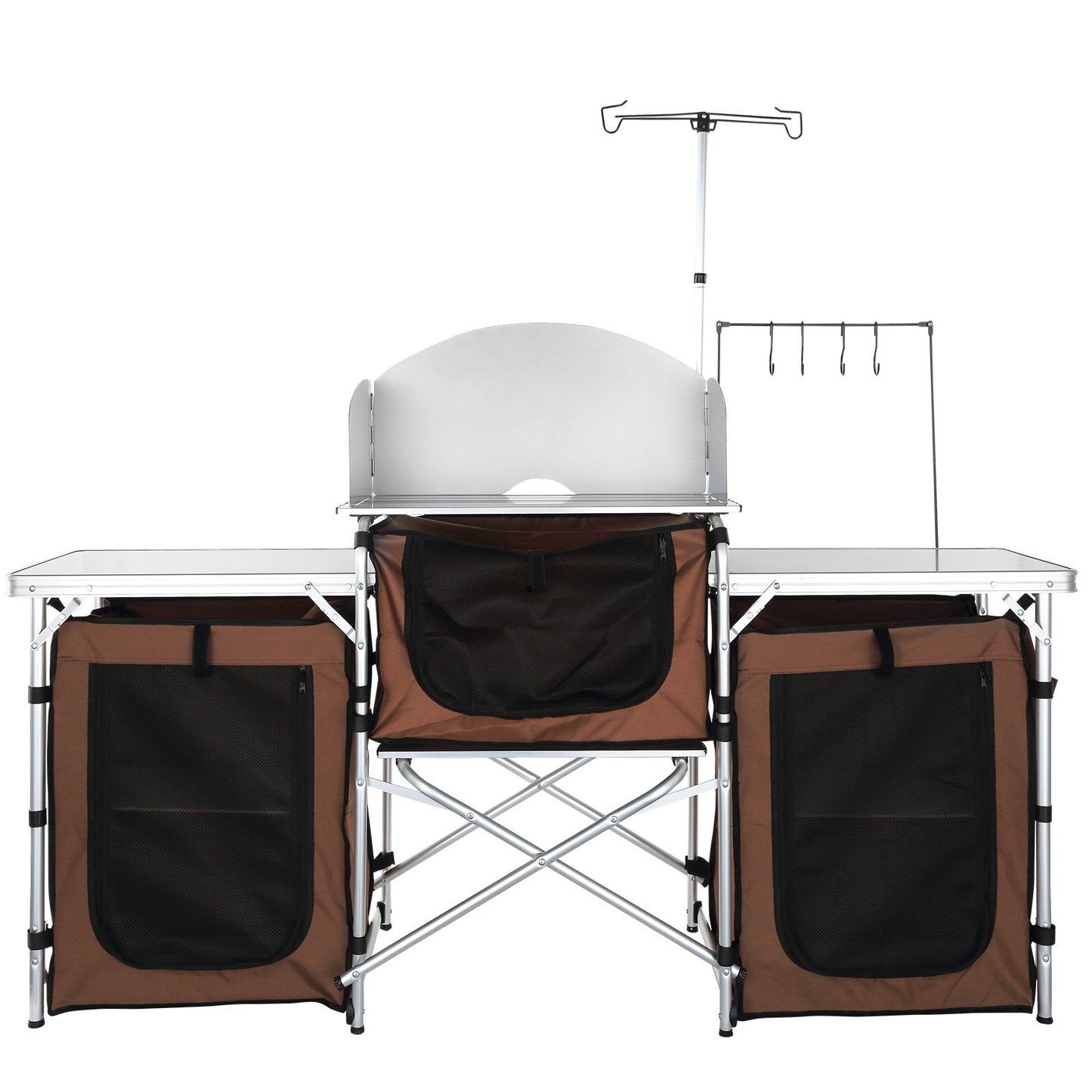 Camping-Küchentisch, faltbarer Outdoor-Kochtisch mit Aufbewahrungstasche, Aluminium-Kochstation, 3 Schränke und abnehmbare Windschutzscheibe, schneller Aufbau für Picknick, Grillen, Reisen mit dem Wohnmobil, braun