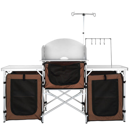 Camping-Küchentisch, faltbarer Outdoor-Kochtisch mit Aufbewahrungstasche, Aluminium-Kochstation, 3 Schränke und abnehmbare Windschutzscheibe, schneller Aufbau für Picknick, Grillen, Reisen mit dem Wohnmobil, braun