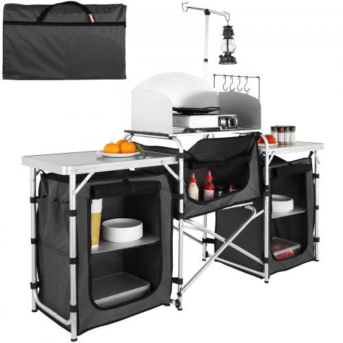 Camping Kitchen Table, Folding Outdoor Cooking Table with Storage Carrying Bag, Aluminum Cook Station 3 Cupboard & Detachable Windscreen, Quick Set-up for Picnics, BBQ, RV Traveling, Black