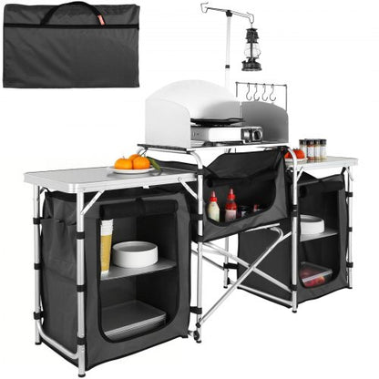 Camping Kitchen Table, Folding Outdoor Cooking Table with Storage Carrying Bag, Aluminum Cook Station 3 Cupboard & Detachable Windscreen, Quick Set-up for Picnics, BBQ, RV Traveling, Black