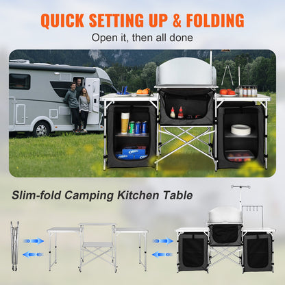 Camping Kitchen Table, Foldable Outdoor Cooking Table with Storage Bag, Aluminum Cook Station 3 Cabinets and Removable Windshield, Quick Set Up for Picnic, BBQ, RV Traveling, Black