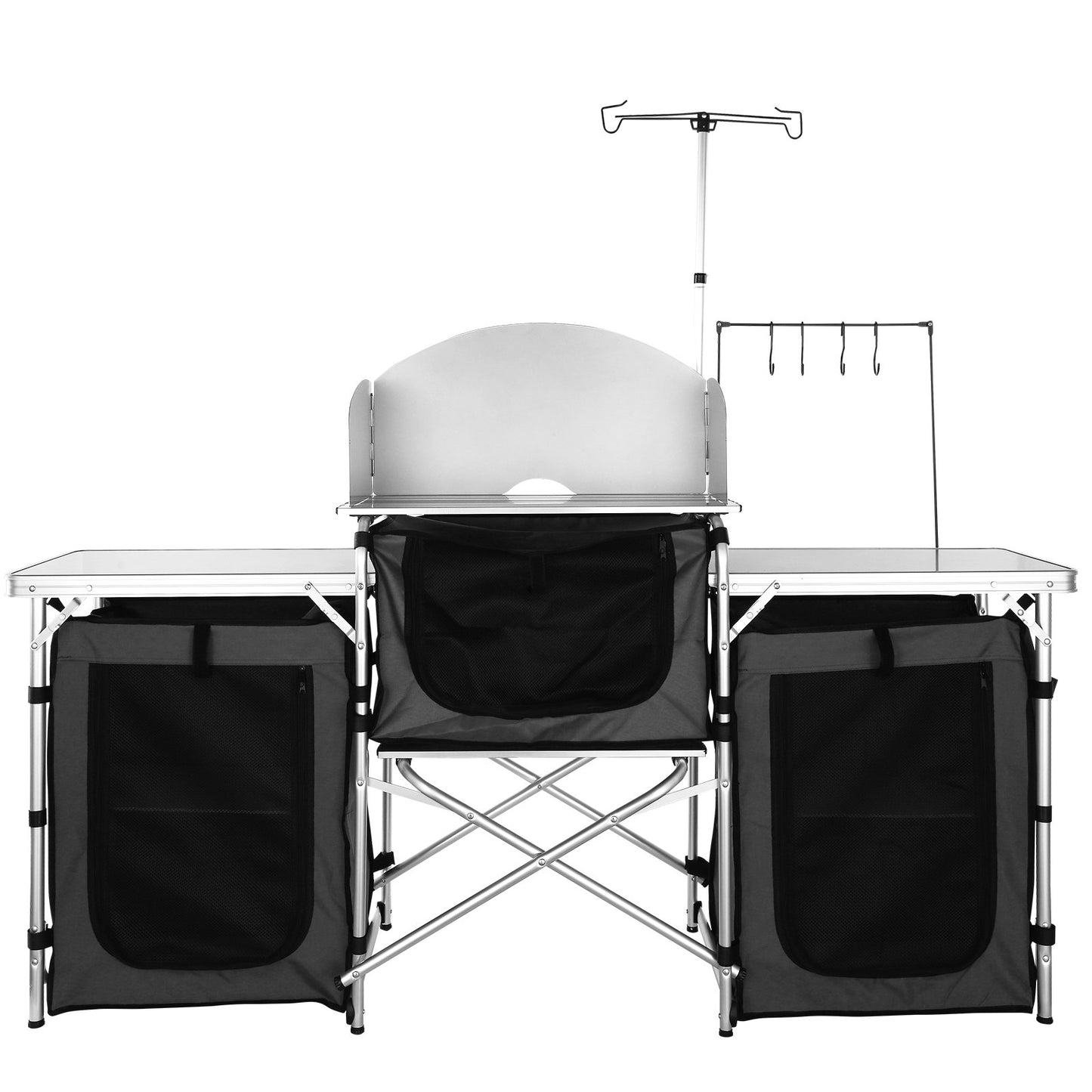 Camping Kitchen Table, Foldable Outdoor Cooking Table with Storage Bag, Aluminum Cook Station 3 Cabinets and Removable Windshield, Quick Set Up for Picnic, BBQ, RV Traveling, Black