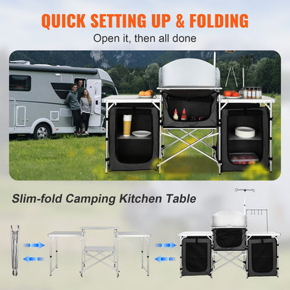 Camping Kitchen Table, Folding Outdoor Cooking Table with Storage Carrying Bag, Aluminum Cook Station 3 Cupboard & Detachable Windscreen, Quick Set-up for Picnics, BBQ, RV Traveling, Black