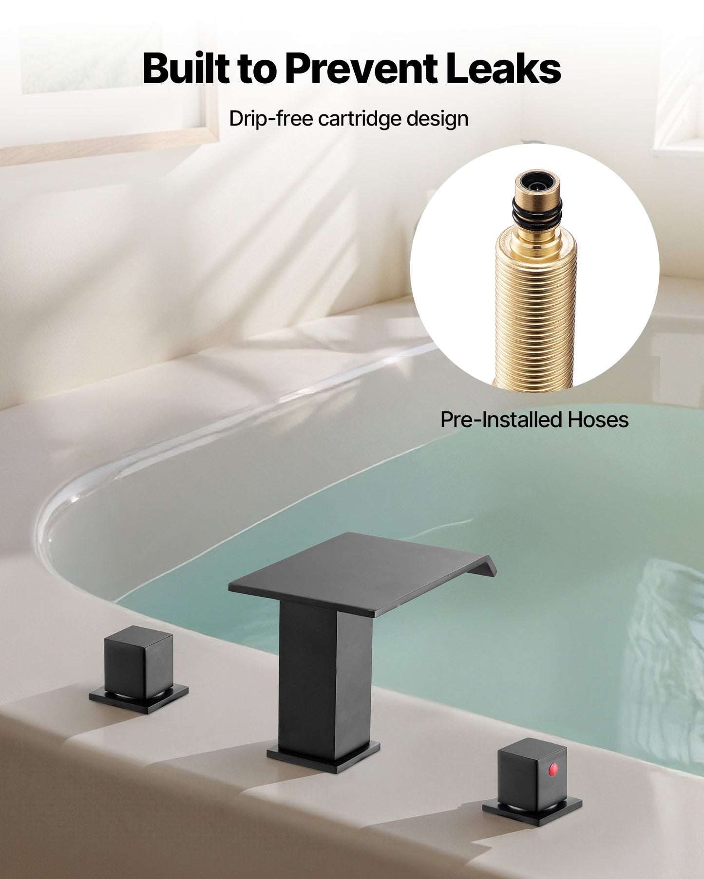 Roman Tub Faucet, 3 Hole Waterfall Bathtub Faucet, Roman Bathtub Faucets Set with 2 Handles, Deck Mount Bath Tub Faucets Set for Pet Washing, Baby Care, Adult Bathing, Matte Black, Drip-Free