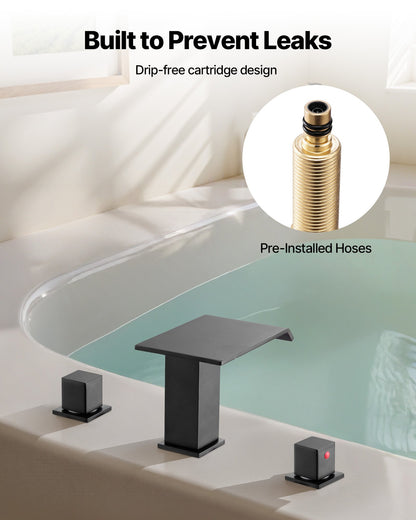 Roman Tub Faucet, 3 Hole Waterfall Bathtub Faucet, Roman Bathtub Faucets Set with 2 Handles, Deck Mount Bath Tub Faucets Set for Pet Washing, Baby Care, Adult Bathing, Matte Black, Drip-Free